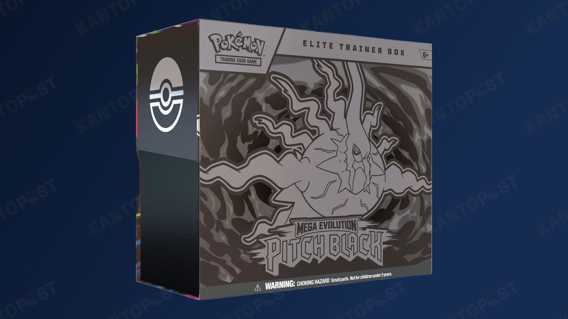 A Pokémon Pitch Black Elite Trainer Box in front of a blue background