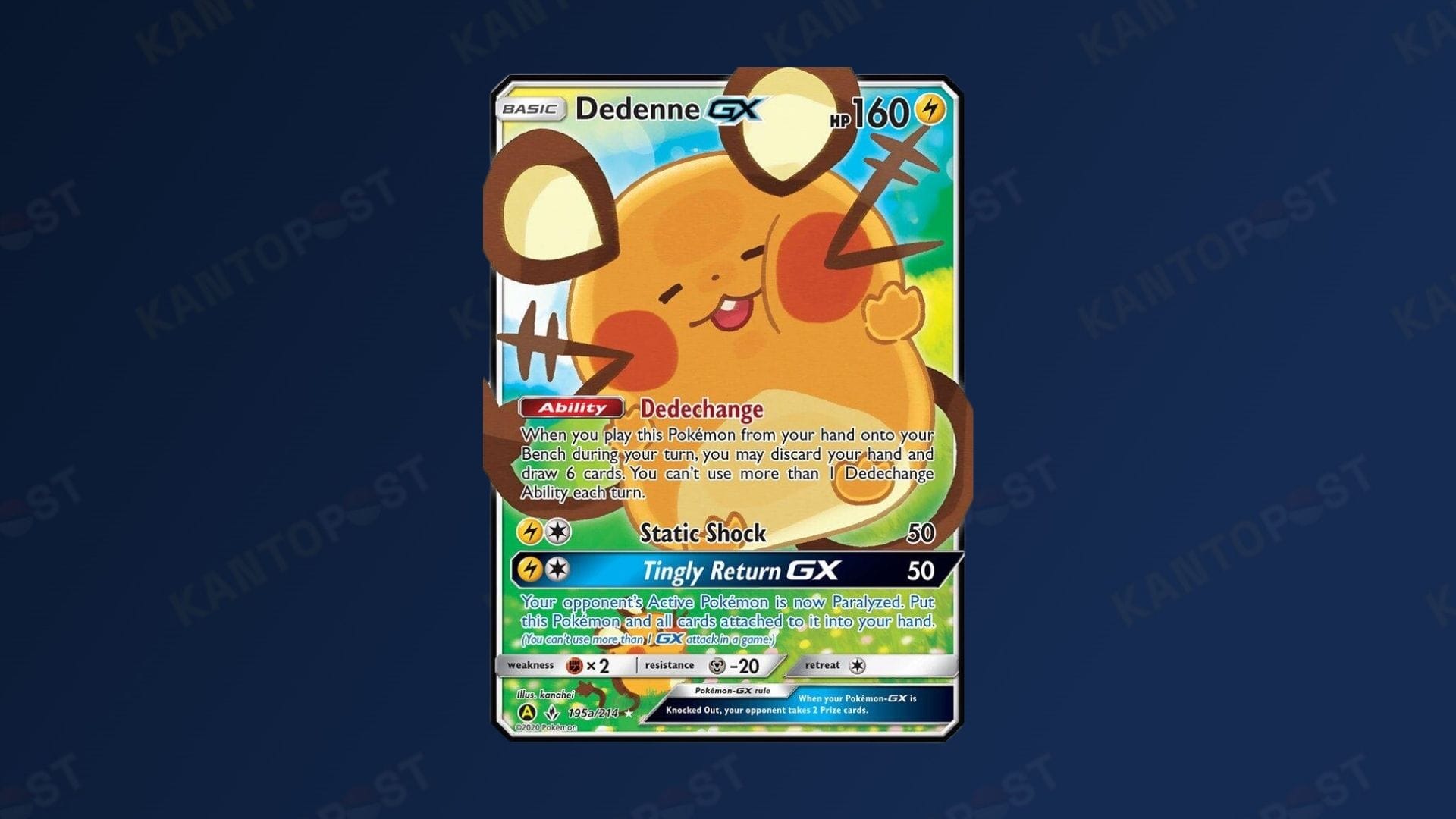 A Dedenne GX 195a Pokémon card in front of a blue background
