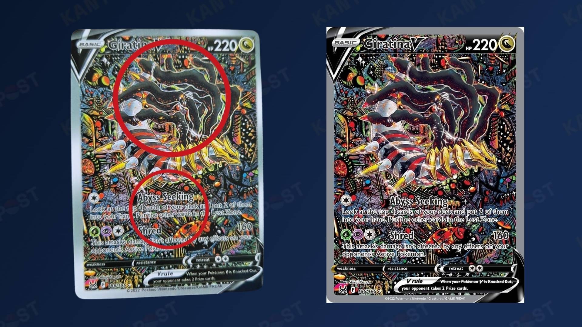 A fake Giratina V Pokémon card next to a real one