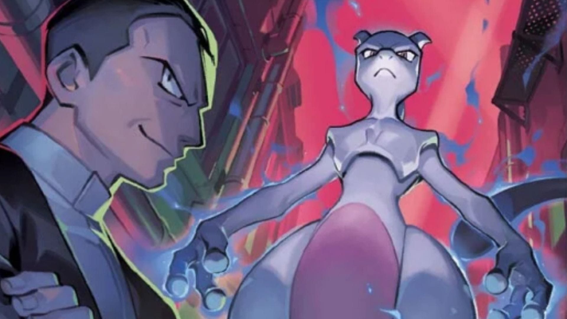A close up of the artwork from Team Rocket’s Mewtwo ex Pokémon card