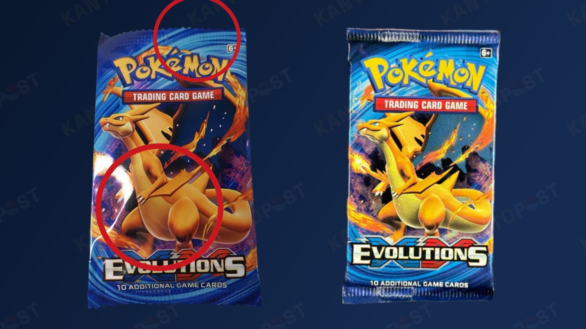 A fake Pokémon XY evolutions pack next to a real one