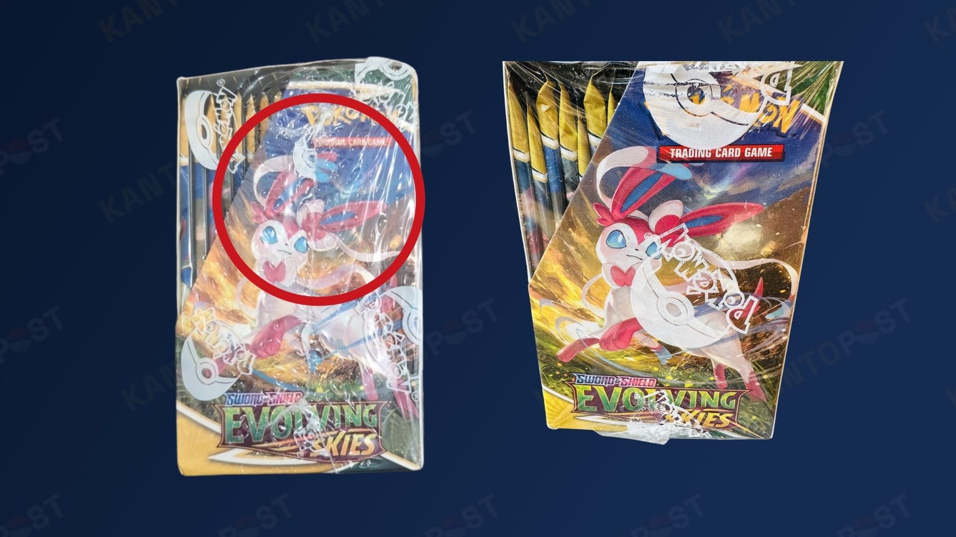 Two Pokémon Evolving Skies booster boxes, with the left one resealed after being opened