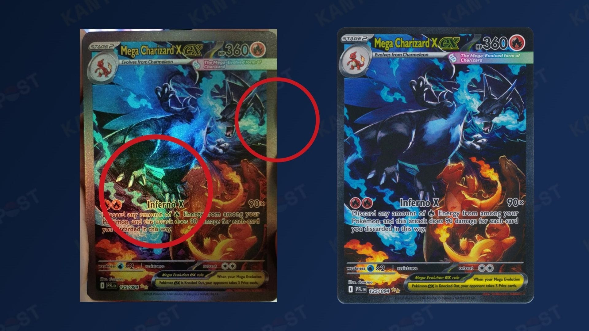 A fake Mega Charizard XPokémon card next to a real one
