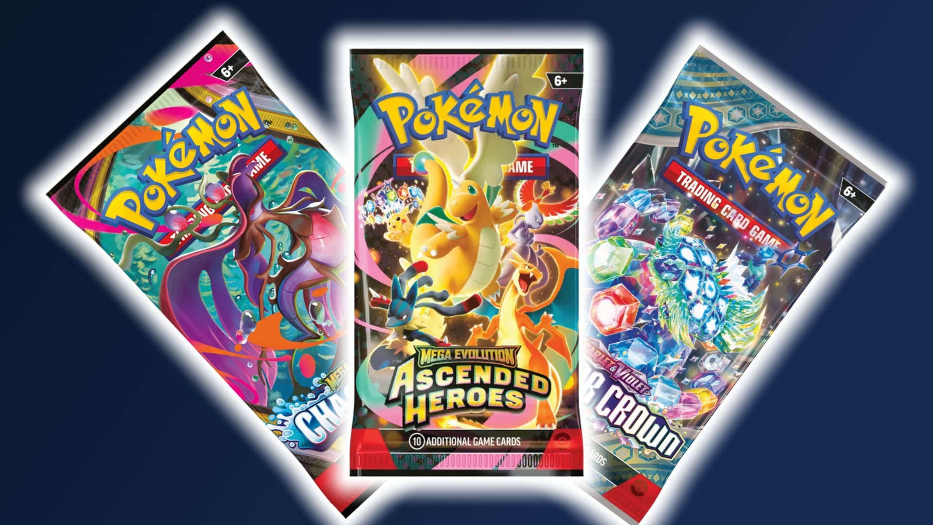 A selection of Pokemon card packs from various expansions, including Ascended Heroes