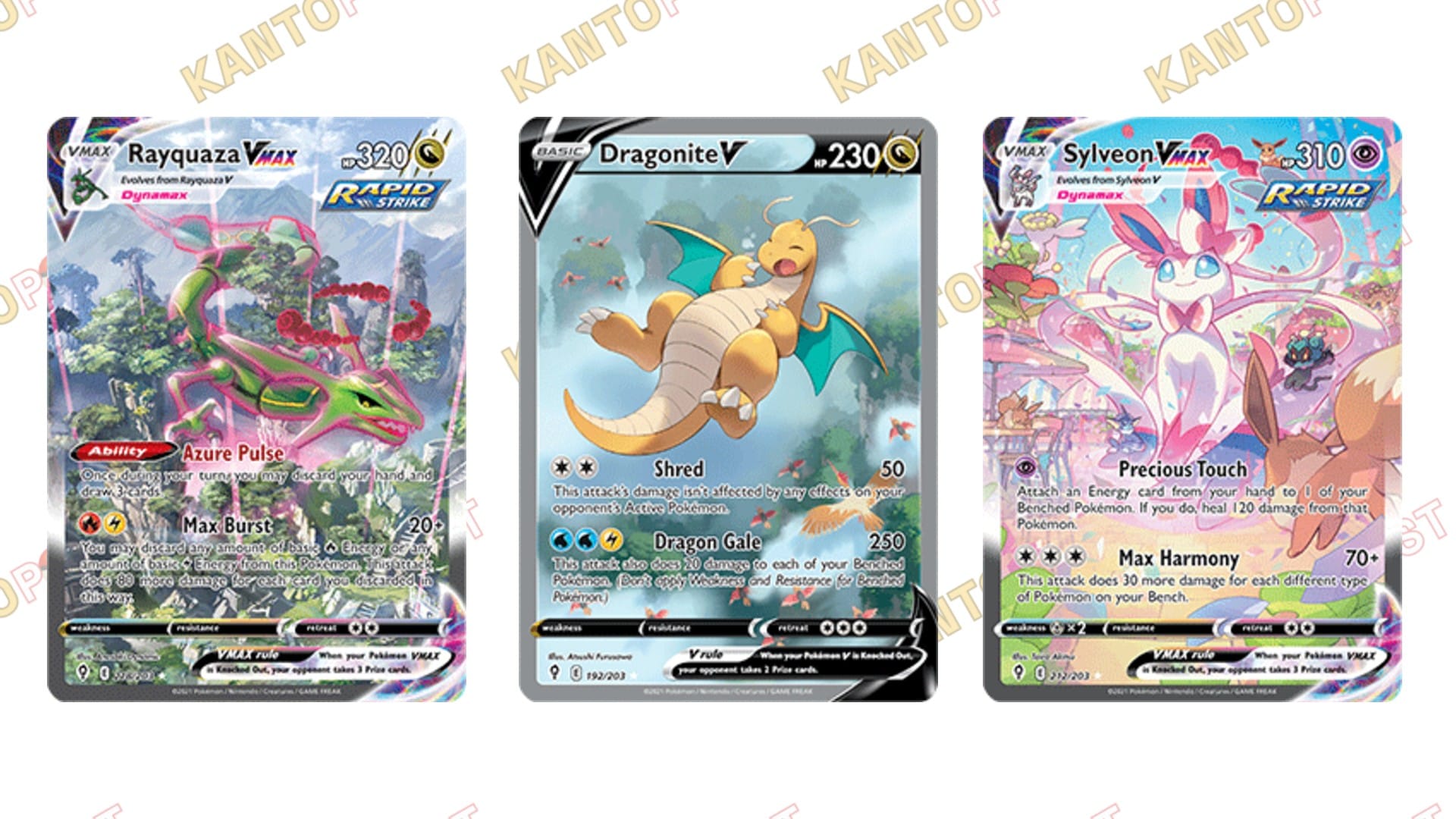A variety of Pokemon Evolving Skies chase cards from the Pokemon expansion