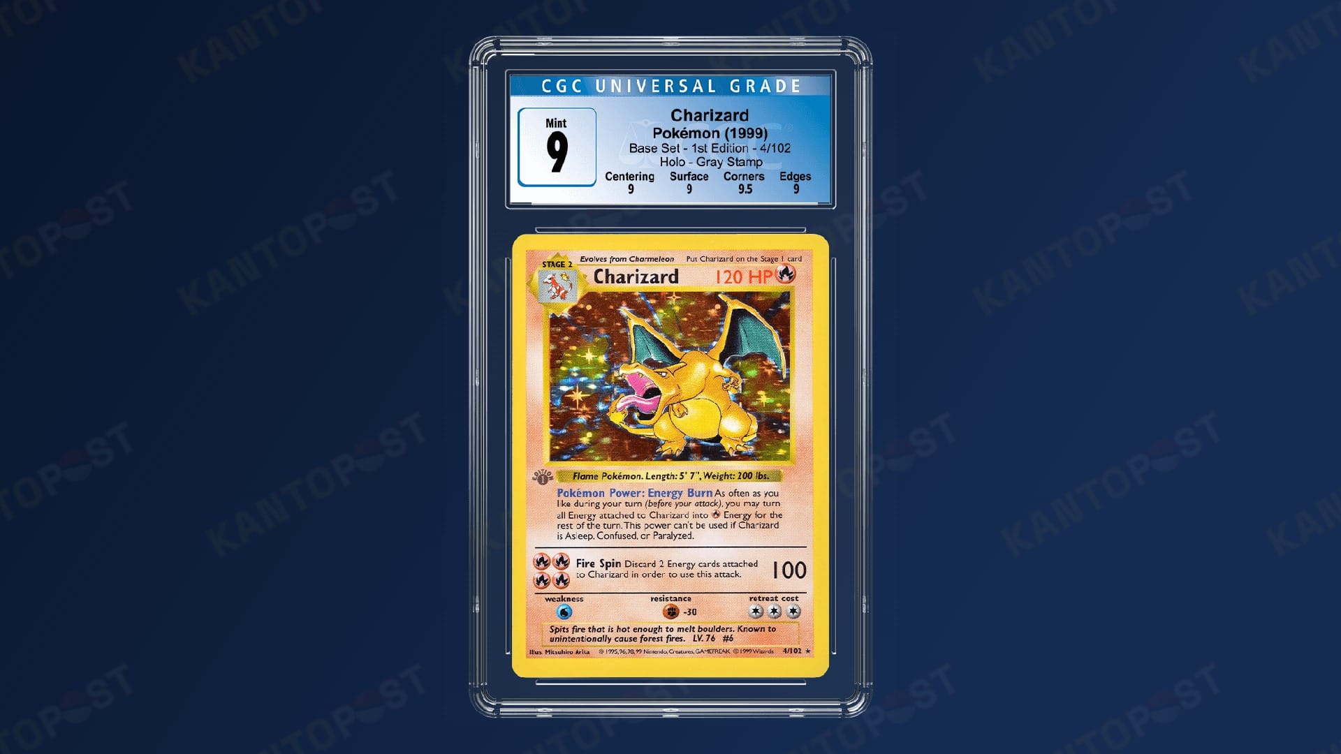 A base set Charizard Pokemon card from 1999 in a CGC 9 slab