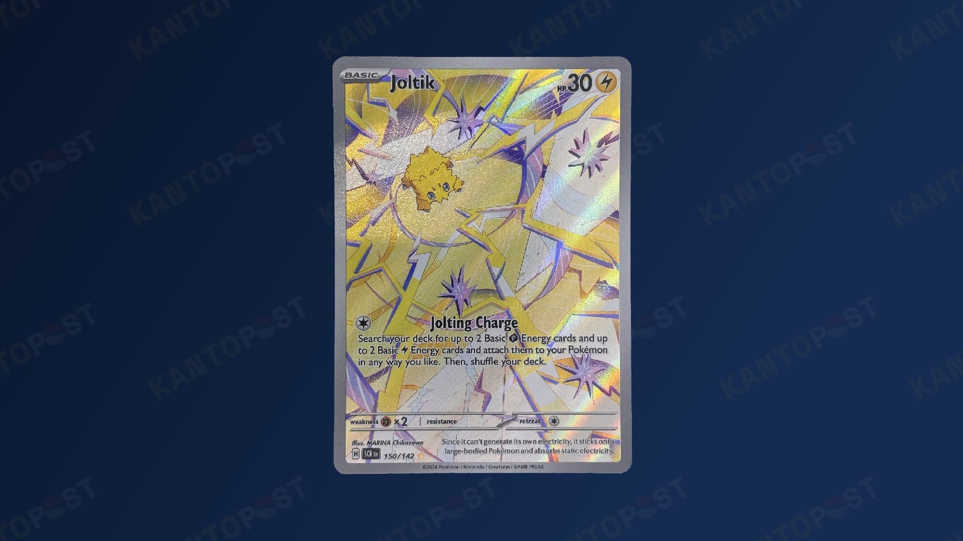 A Joltik Illustration Rare Pokemon card from Stellar Crown in front of a blue background