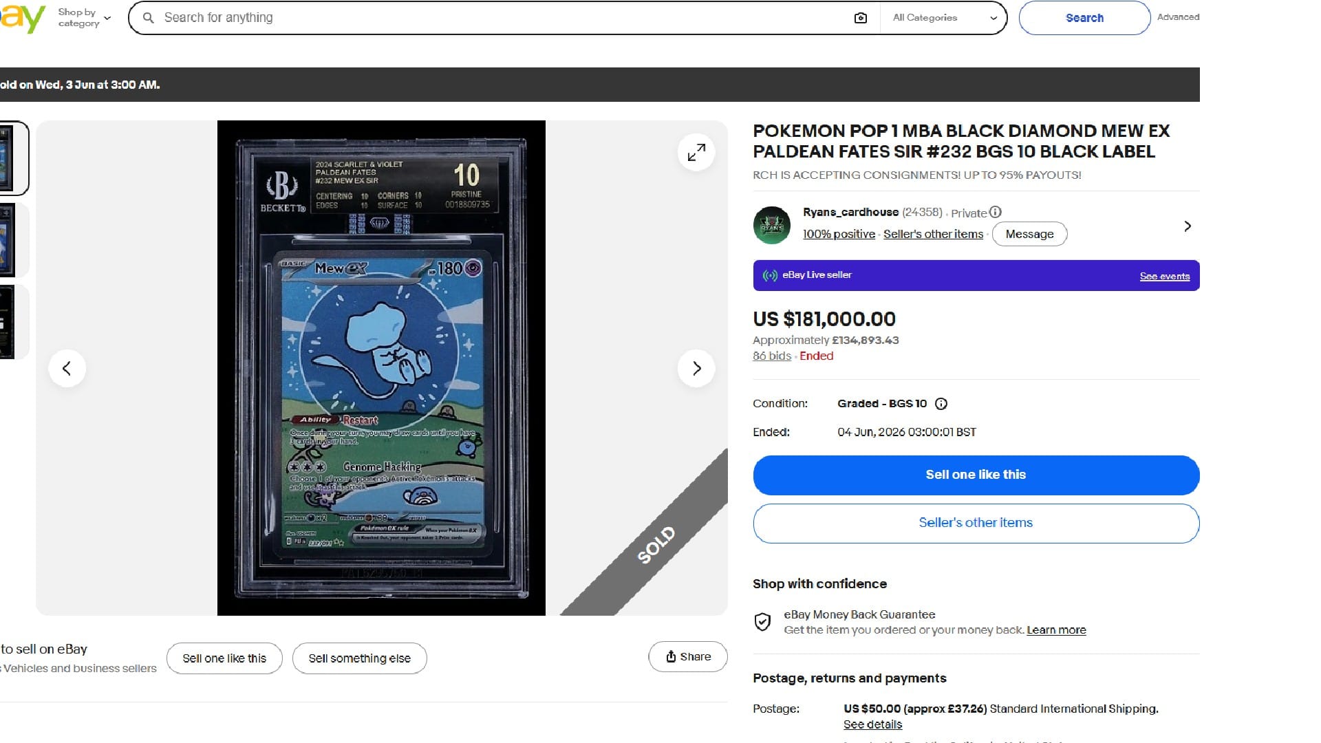 An eBay listing of a Bubble Mew (Mew ex 232) Pokemon card selling for $181,000