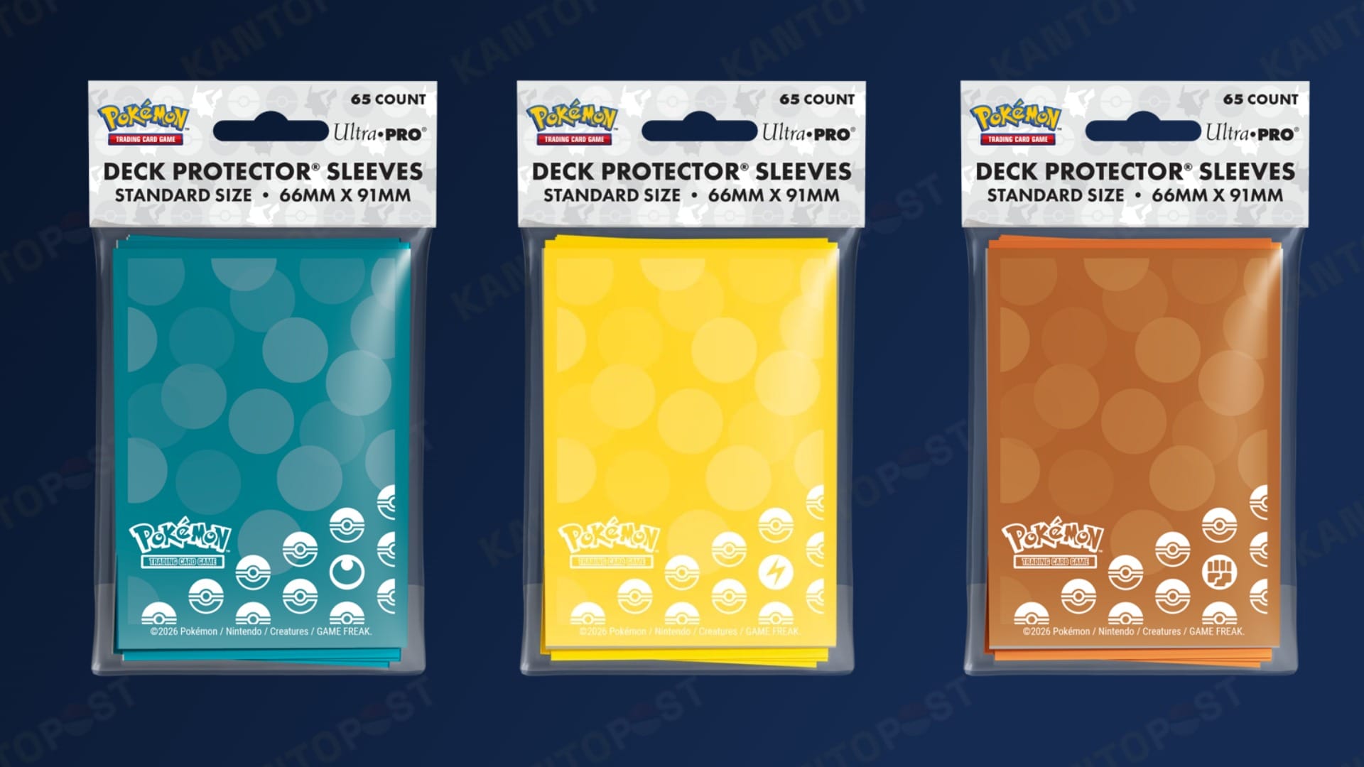 Three of the Ultra Pro Pokémon card sleeves with different Energy Types