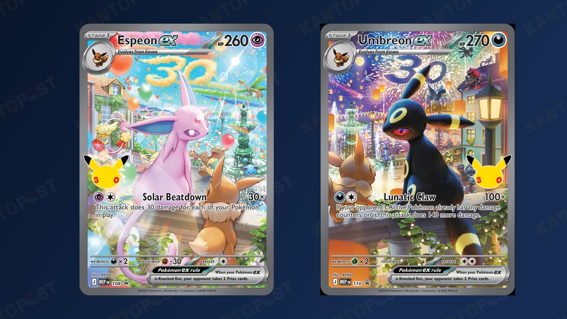 Espeon and Umbreon ex Pokémon cards from Pokémon 30th Celebration Ultra Premium Collections