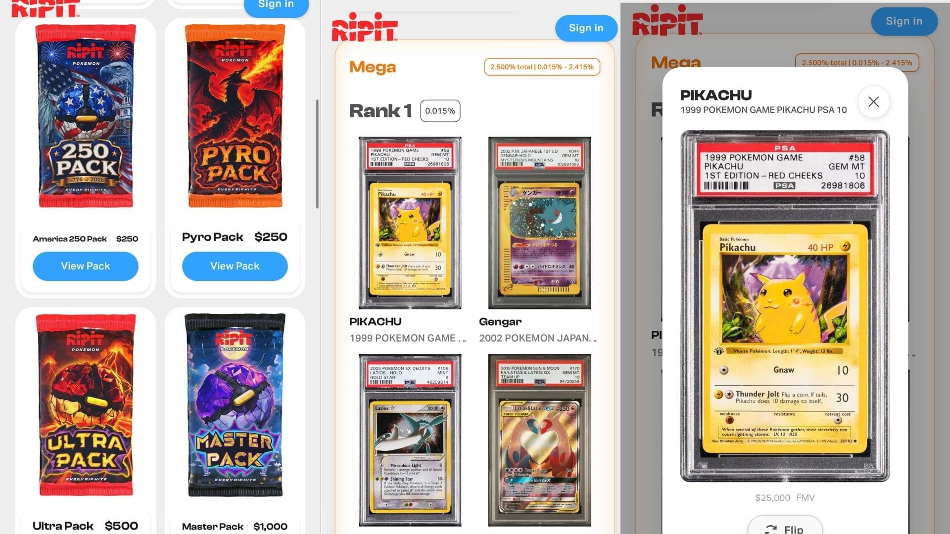 Various screenshots of Ripit, including the process of buying a Pokémon card mystery pack and the valuable cards