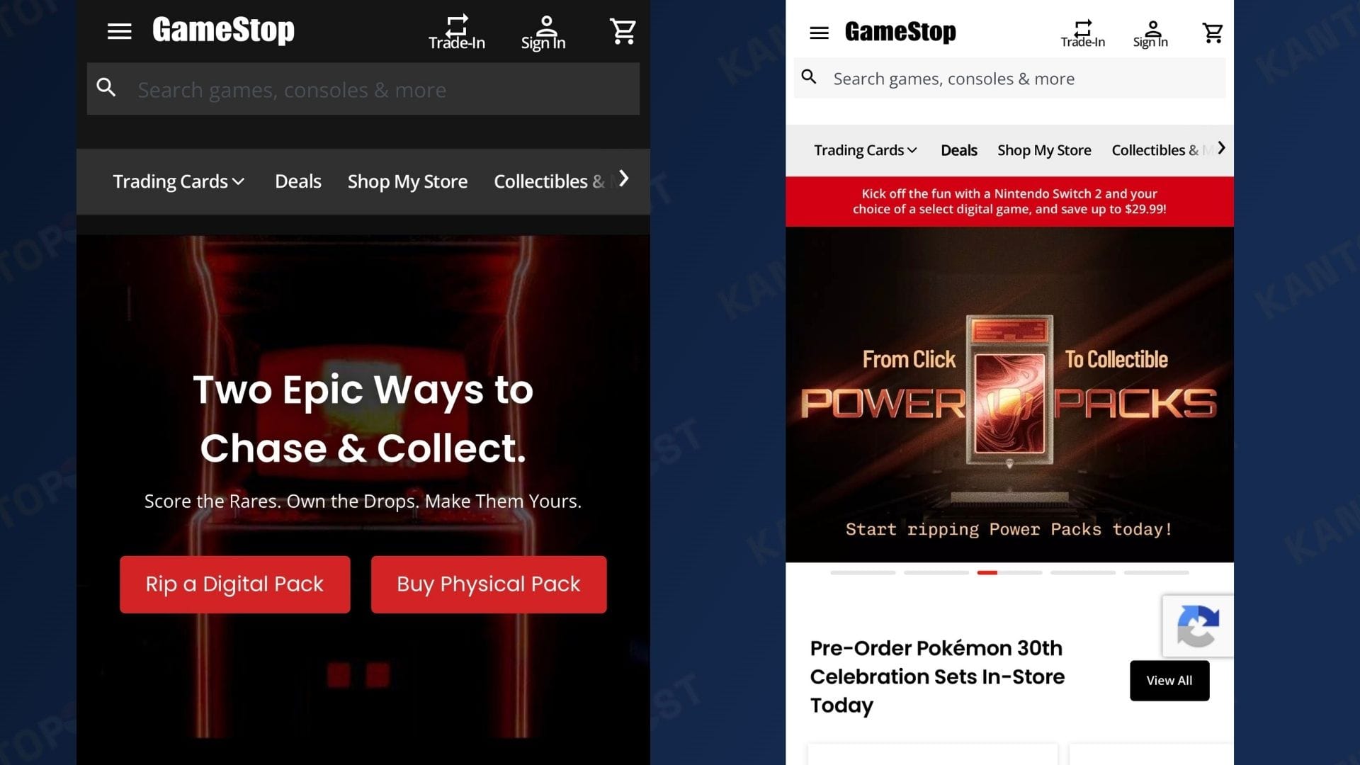 Two screenshots of GameStop Power Packs in front of a blue background